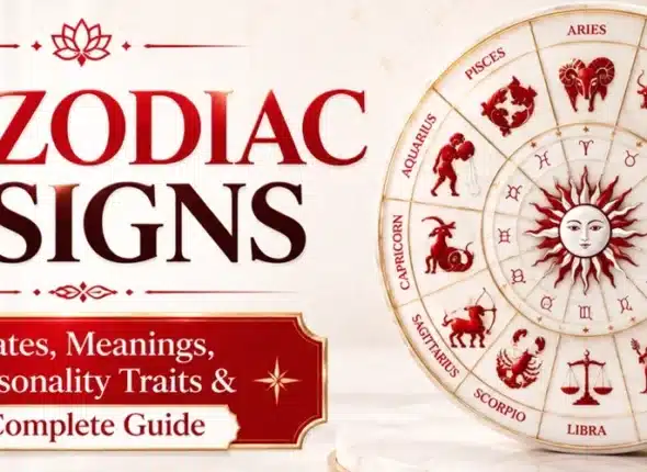 12 Zodiac Signs banner showing a white and red astrological wheel with symbols from Aries to Pisces.