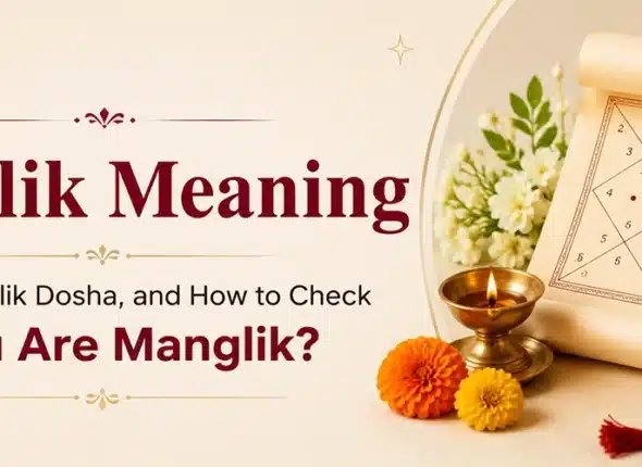 AstroInvite Manglik banner with a Vedic birth chart scroll, oil lamp, and marigold flowers.