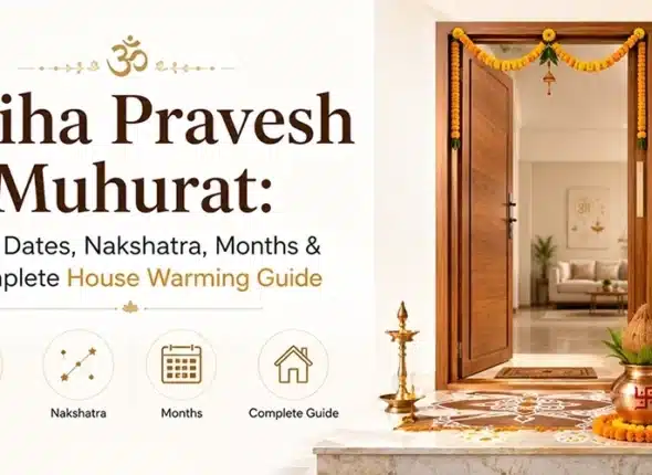 Griha Pravesh Muhurat banner with a decorated house entrance and a traditional mangal kalash.