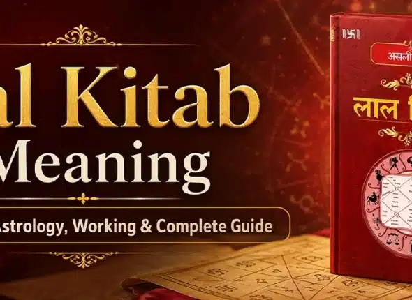 Lal Kitab meaning with the Red Book and astrology symbols illustrating its history, astrology, and practical remedies