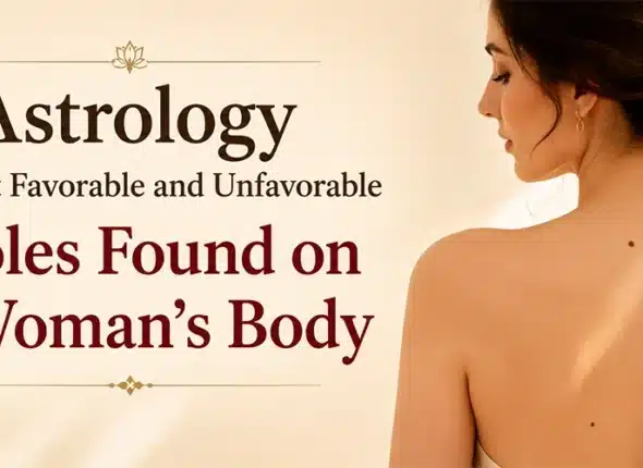 Female face and body illustration showing lucky and unlucky mole placements in Vedic astrology.