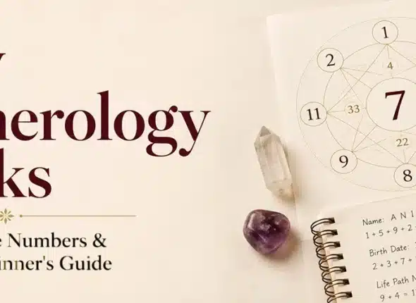 Illustration explaining how numerology works with core numbers, Life Path Number calculation, and numerology chart for beginners