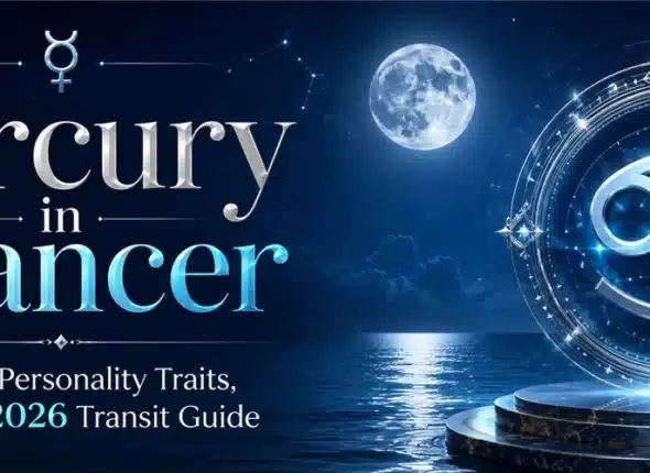 Mercury in Cancer meaning, personality traits, effects and 2026 transit illustrated with the Cancer zodiac sign and Mercury symbol